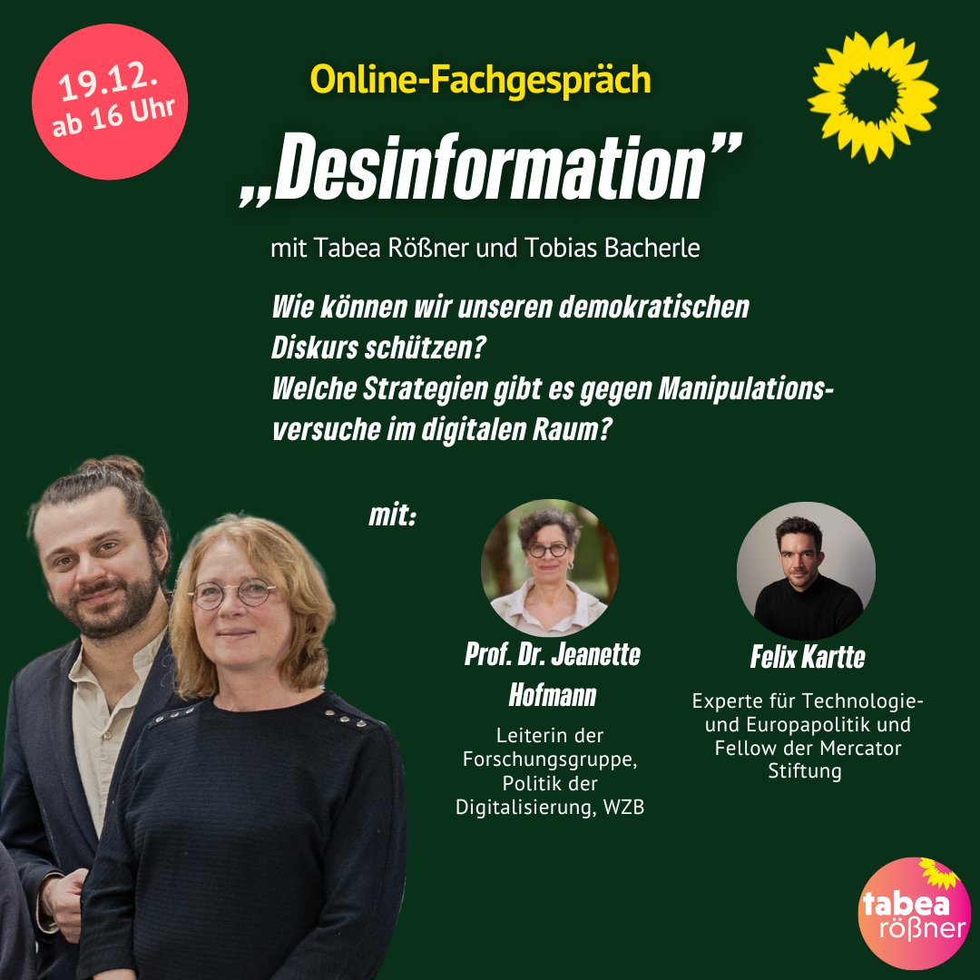 Tabea Rößner (@tabearoessner) on Twitter photo #Desinformation wird gezielt verbreitet, oft von autokratischen Regimen, um Demokratien zu destabilisieren. Mit <a href="/FelixKartte/">Felix Kartte</a> & Prof. Dr. Jeanette Hofmann analysieren <a href="/TBBacherle/">Tobias B. Bacherle</a> und ich Strategien für resilientere Demokratien.
Anmeldung: gruene-bundestag.de/veranstaltunge…
#Demokratie #Desinformation wird gezielt verbreitet, oft von autokratischen Regimen, um Demokratien zu destabilisieren. Mit <a href="/FelixKartte/">Felix Kartte</a> & Prof. Dr. Jeanette Hofmann analysieren <a href="/TBBacherle/">Tobias B. Bacherle</a> und ich Strategien für resilientere Demokratien.
Anmeldung: gruene-bundestag.de/veranstaltunge…
#Demokratie