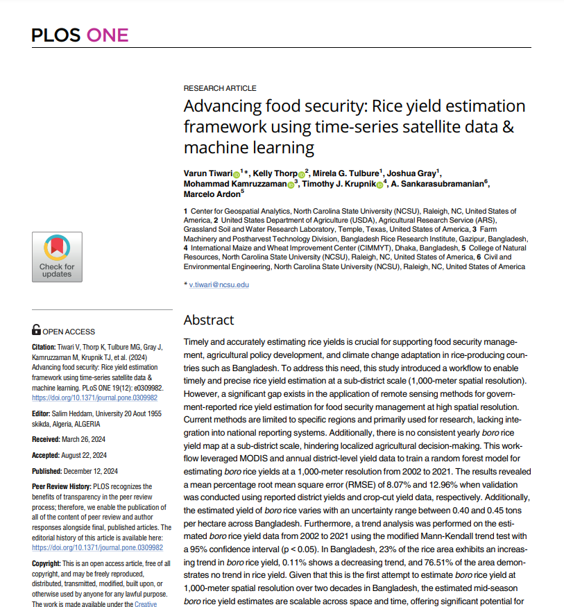 Varun Tiwari (@varunkt1) on Twitter photo New study in PLOS ONE! We used 20 years of satellite data + ML to estimate rice yields in Bangladesh, enhancing food security.
Collab with <a href="/NCState/">NC State University</a>, <a href="/USDA/">Dept. of Agriculture</a>, <a href="/CIMMYT/">CIMMYT</a>, & BRRI.
journals.plos.org/plosone/articlโฆ
#FoodSecurity #MachineLearning #AGU2024 New study in PLOS ONE! We used 20 years of satellite data + ML to estimate rice yields in Bangladesh, enhancing food security.
Collab with <a href="/NCState/">NC State University</a>, <a href="/USDA/">Dept. of Agriculture</a>, <a href="/CIMMYT/">CIMMYT</a>, & BRRI.
journals.plos.org/plosone/articlโฆ
#FoodSecurity #MachineLearning #AGU2024