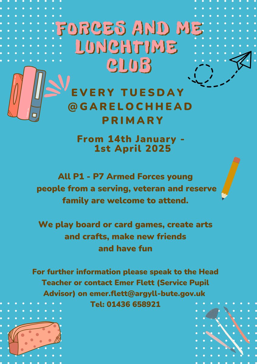 AdvisorPupil's tweet photo. New Forces and Me Lunchtime Clubs will be starting after the Christmas break as follows:-
Garelochhead (Starting Tuesday 14th Jan - 1st April)
Colgrain (P4 - P7 Starting Thursday 16th Jan - 3rd April, then P1 - P3 until the end of June. #armedforceshelensburgh #forcesandme https://t.co/uK36PPRvOE