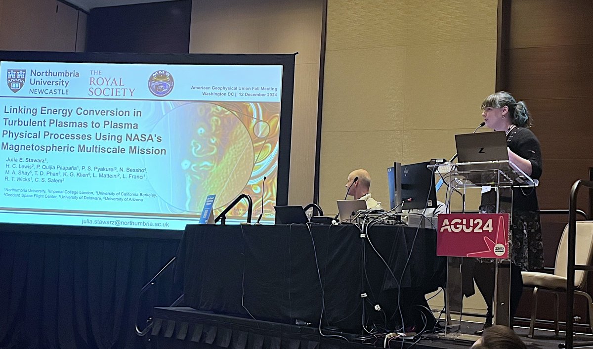 Presented the studies that me and my PhD student Harry Lewis have been  doing assessing the specific plasma physical processes responsible for  dissipating turbulent energy in collisionless plasmas yesterday at
#AGU24!   

Lots of fantastic discussions with everyone afterward!
