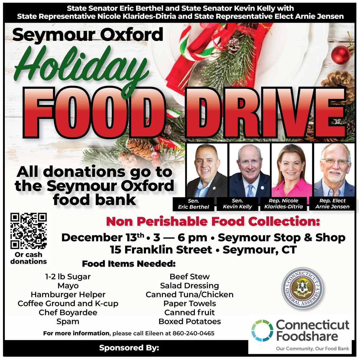 21KevinKelly's tweet photo. 🎄Join us today for a Holiday Food Drive in Seymour! Your donations will help make the holiday season brighter for families in our community. Every contribution matters—together, we can make a difference! Let’s show the spirit of giving this holiday season. https://t.co/aAGlpXzAqd