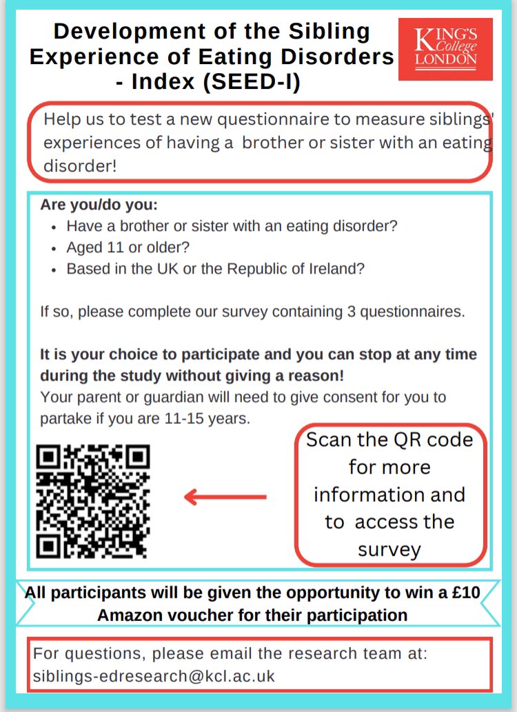 📢 PHASE 2 📢

We are recruiting to pilot our scale developed in Phase 1.

Eligibility:
- Have a sibling who has/had an eating disorder
- Aged 11+
- Based in the UK or Republic of Ireland 

Details below 👇 

#research #sibling #eatingdisorder #survey