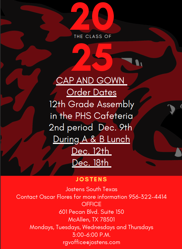 lobo_pride's tweet photo. 👩‍🎓👨‍🎓 Seniors, make sure you stop by the cafeteria during your lunch on these dates to order your cap and gown. 👨‍🎓👩‍🎓 #LJISD #Jostens #PHS #Graduation #LaJoyaISD #PalmviewHighSchool #PHSClassOf2025 https://t.co/MhXzjvEID4