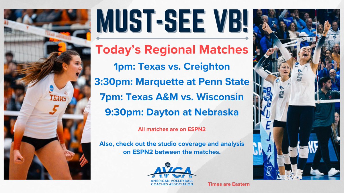 Time for another full day of full-title tournament action!
Division I Women’s Volleyball Championship play kicks into high gear at 1 p.m. with matches in the Penn State region, followed by the Nebraska region.
Bracket: ncaa.com/brackets/volle…
#WeAreAVCA