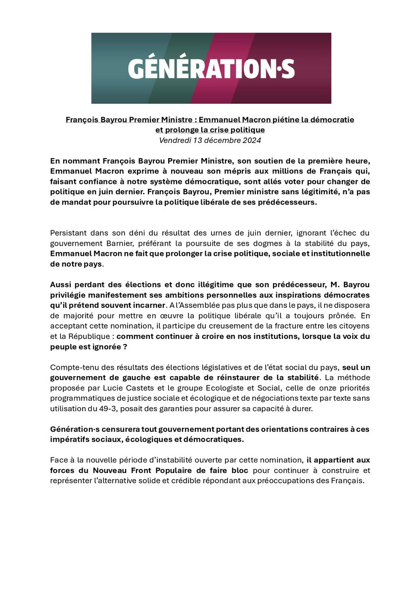 François Bayrou, Premier ministre sans légitimité, n’a pas de mandat pour poursuivre la politique libérale de ses prédécesseurs.