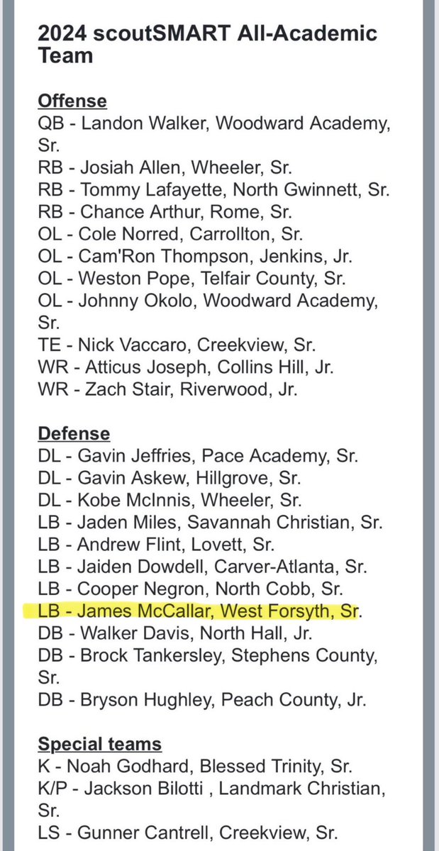James McCallar (@mccallarjames) on Twitter photo Blessed to be named to the Class of ‘25 All State Academic Team! <a href="/WestForsythFB/">WestForsythFootball</a> <a href="/recruits_west/">West Forsyth Football Recruits</a> <a href="/DBarker2442/">Coach Barker</a> <a href="/scoutSMART_/">scoutSMART®</a> <a href="/247Sports/">247Sports</a> <a href="/MattDeBary/">Matt DeBary</a> <a href="/GHSFdaily/">GHSF Daily</a> <a href="/CoachWindham/">Will Windham</a> <a href="/RickyTurner19/">Ricky Turner</a> <a href="/CoachBrown24/">Jahmal Brown</a> <a href="/MichaelRyanDay/">Michael Day</a> <a href="/CoachWright37/">Dontae Wright</a> <a href="/CoachKuzemka/">Nicky Kuzemka</a> <a href="/CoachTJWeyl/">TJ Weyl</a> <a href="/RettRussell26/">Rett Russell</a> Blessed to be named to the Class of ‘25 All State Academic Team! <a href="/WestForsythFB/">WestForsythFootball</a> <a href="/recruits_west/">West Forsyth Football Recruits</a> <a href="/DBarker2442/">Coach Barker</a> <a href="/scoutSMART_/">scoutSMART®</a> <a href="/247Sports/">247Sports</a> <a href="/MattDeBary/">Matt DeBary</a> <a href="/GHSFdaily/">GHSF Daily</a> <a href="/CoachWindham/">Will Windham</a> <a href="/RickyTurner19/">Ricky Turner</a> <a href="/CoachBrown24/">Jahmal Brown</a> <a href="/MichaelRyanDay/">Michael Day</a> <a href="/CoachWright37/">Dontae Wright</a> <a href="/CoachKuzemka/">Nicky Kuzemka</a> <a href="/CoachTJWeyl/">TJ Weyl</a> <a href="/RettRussell26/">Rett Russell</a>
