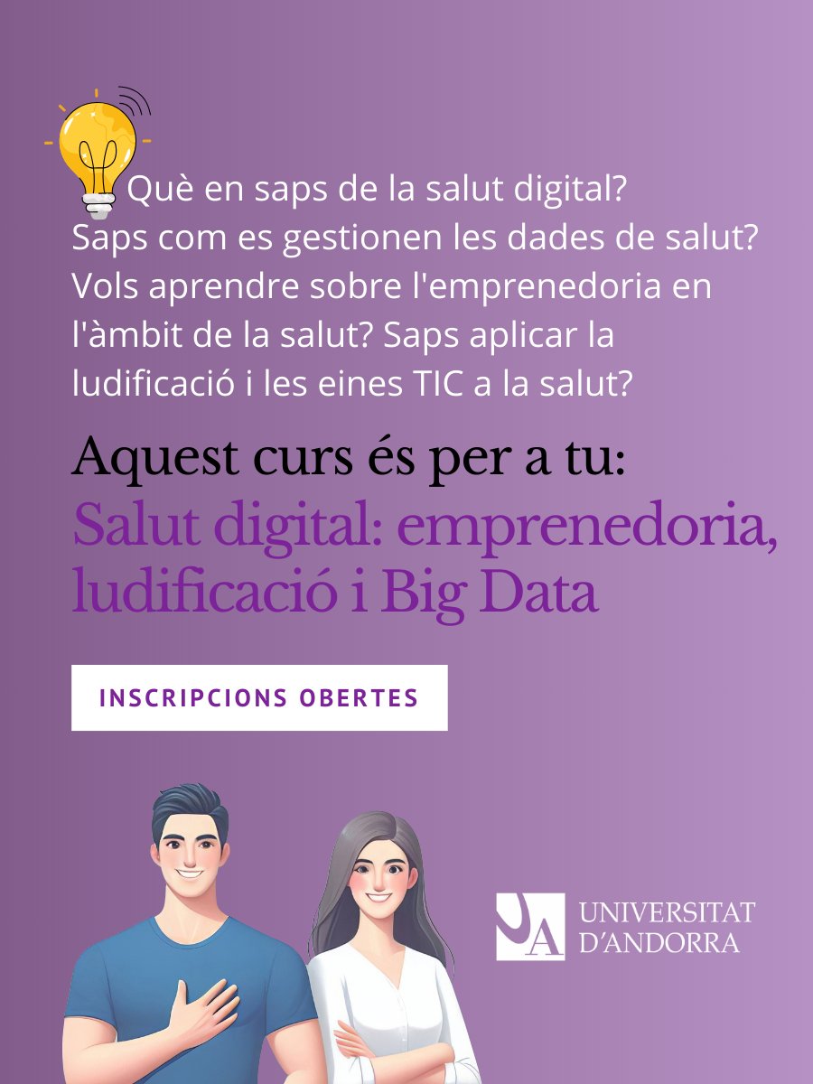 UdAndorra's tweet photo. ✍️ Últims dies per inscriure's al curs en 𝗦𝗮𝗹𝘂𝘁 𝗱𝗶𝗴𝗶𝘁𝗮𝗹: 𝗲𝗺𝗽𝗿𝗲𝗻𝗲𝗱𝗼𝗿𝗶𝗮, 𝗹𝘂𝗱𝗶𝗳𝗶𝗰𝗮𝗰𝗶𝗼́ 𝗶 𝗕𝗶𝗴 𝗗𝗮𝘁𝗮
https://t.co/3wBovnrGSi
#formaciócontinuadaUdA #salut https://t.co/qHYWrWTrqg