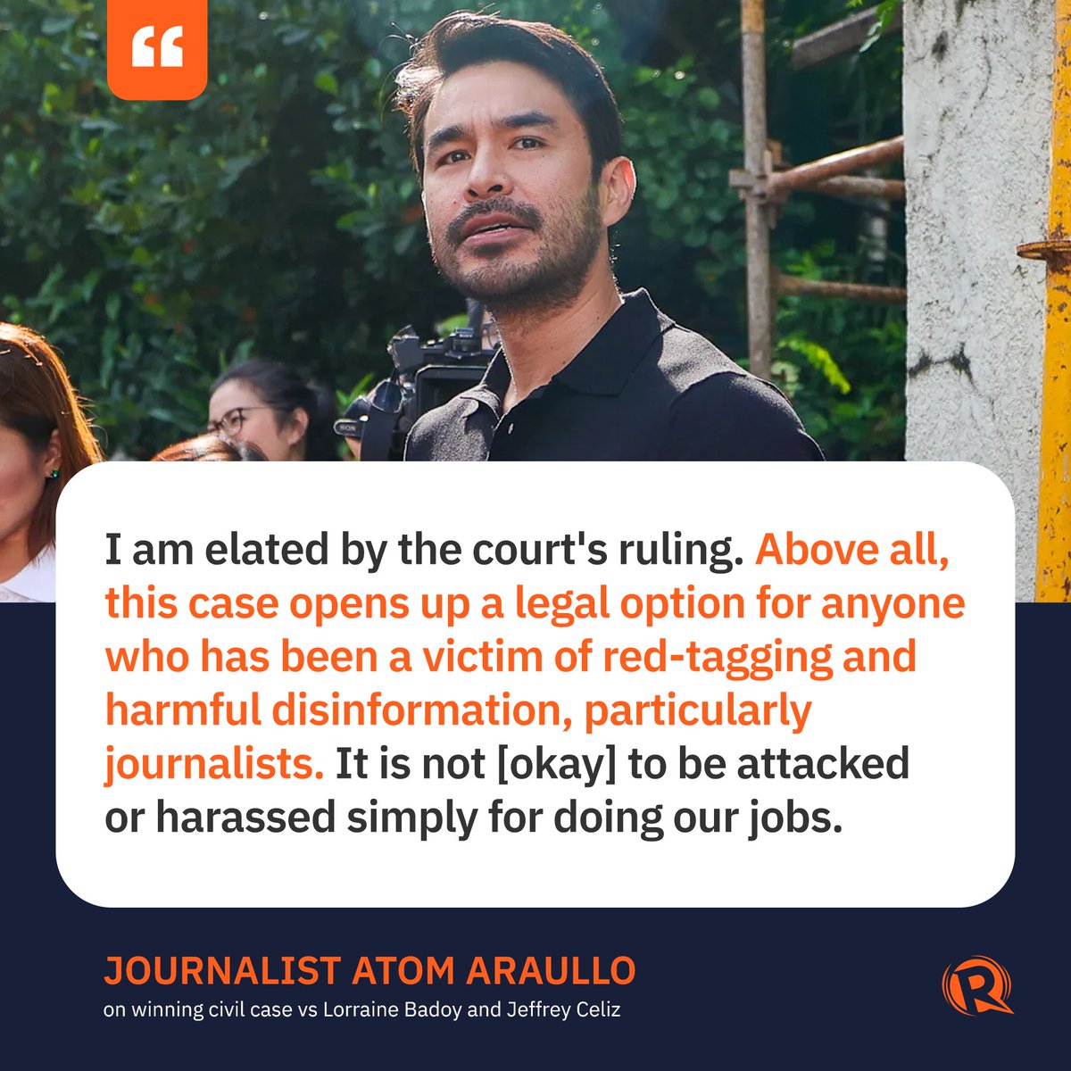 A WIN AGAINST RED-TAGGERS

Quezon City Regional Trial Court Branch 306, in a decision released on Friday, December 13, rules in favor of journalist Atom Araullo in his civil case against red-taggers Lorraine Badoy and Jeffrey Celiz.

READ MORE: trib.al/30xjWpY