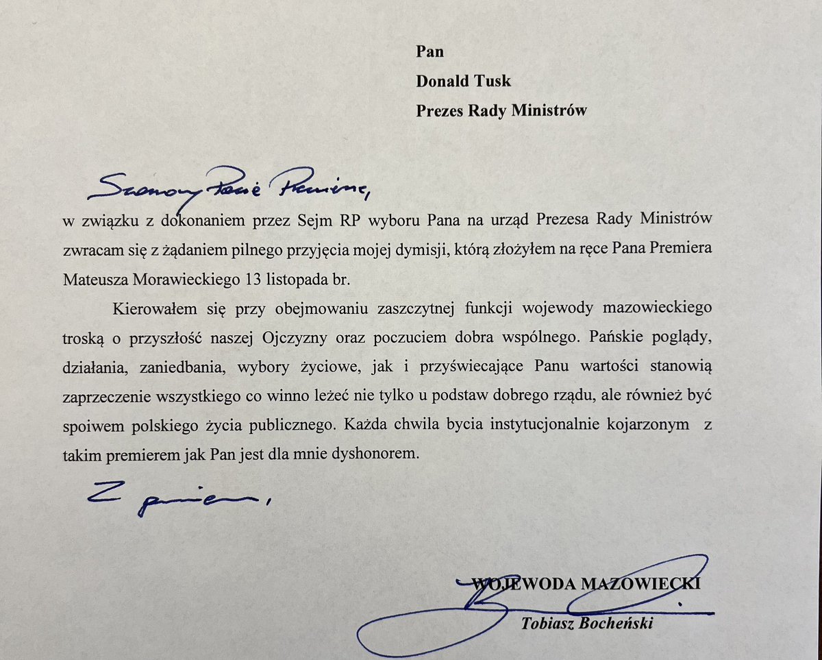 TABochenski's tweet photo. Rok temu powstał najgorszy rząd po 89 roku. Jako wojewoda mazowiecki żądałem wówczas przyjęcia mojej natychmiastowej dymisji, ponieważ „każda chwila bycia instytucjonalnie kojarzonym z takim premierem”, jak Donald Tusk byłaby dla mnie dyshonorem.

Podtrzymuję. Miałem rację. https://t.co/b7ge5jJWpJ