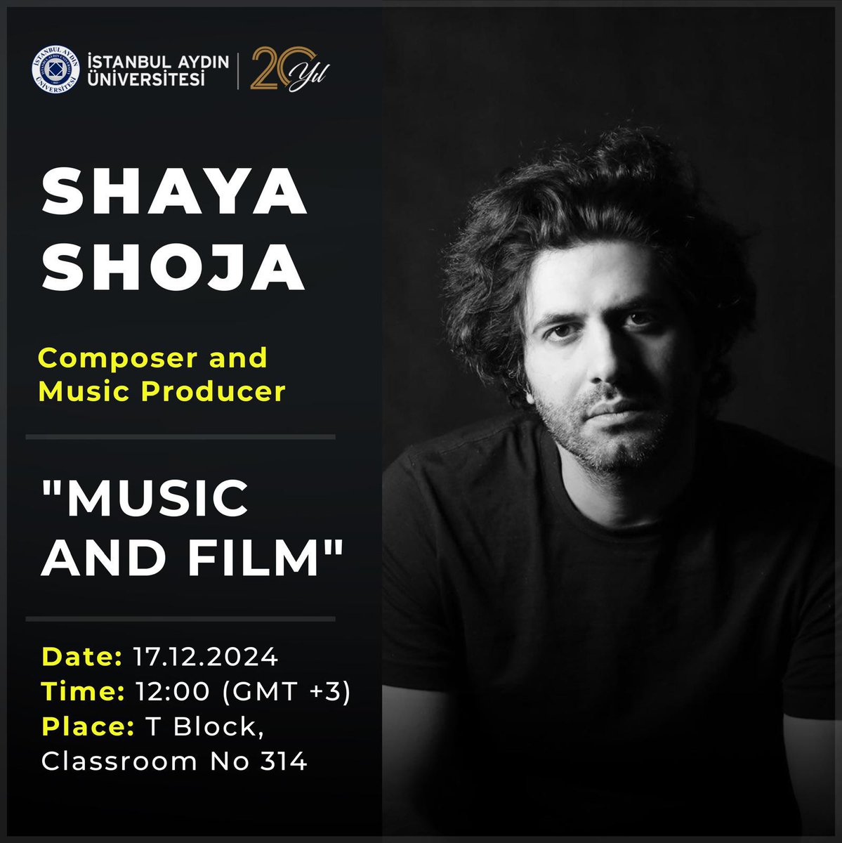 iaugsf_'s tweet photo. We will host Shaya SHOJA, composer and music producer from Canada on December 12, 12:00, at T Block, Classroom 314. Join us if you are interested. 

12 Aralık saat 12:00’de T blok, derslik 314’te, Kanada’dan besteci ve müzik yapımcısı “Shaya SHOJA”yı ağırlayacağız (çevrimiçi). https://t.co/8FoMGyiesF