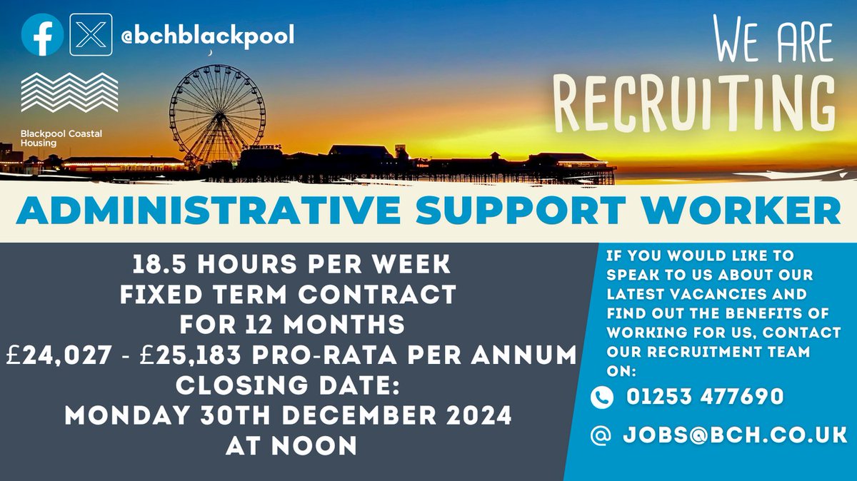bchblackpool's tweet photo. #fridayfeeling #newjob

A fantastic opportunity has arisen for an Administrative Support Officer to provide excellent customer and administrative support to the team on their Warm and Healthy Homes Project.

Interested? To find out more and apply, visit https://t.co/71oXVrigkU https://t.co/esv3a16MRp