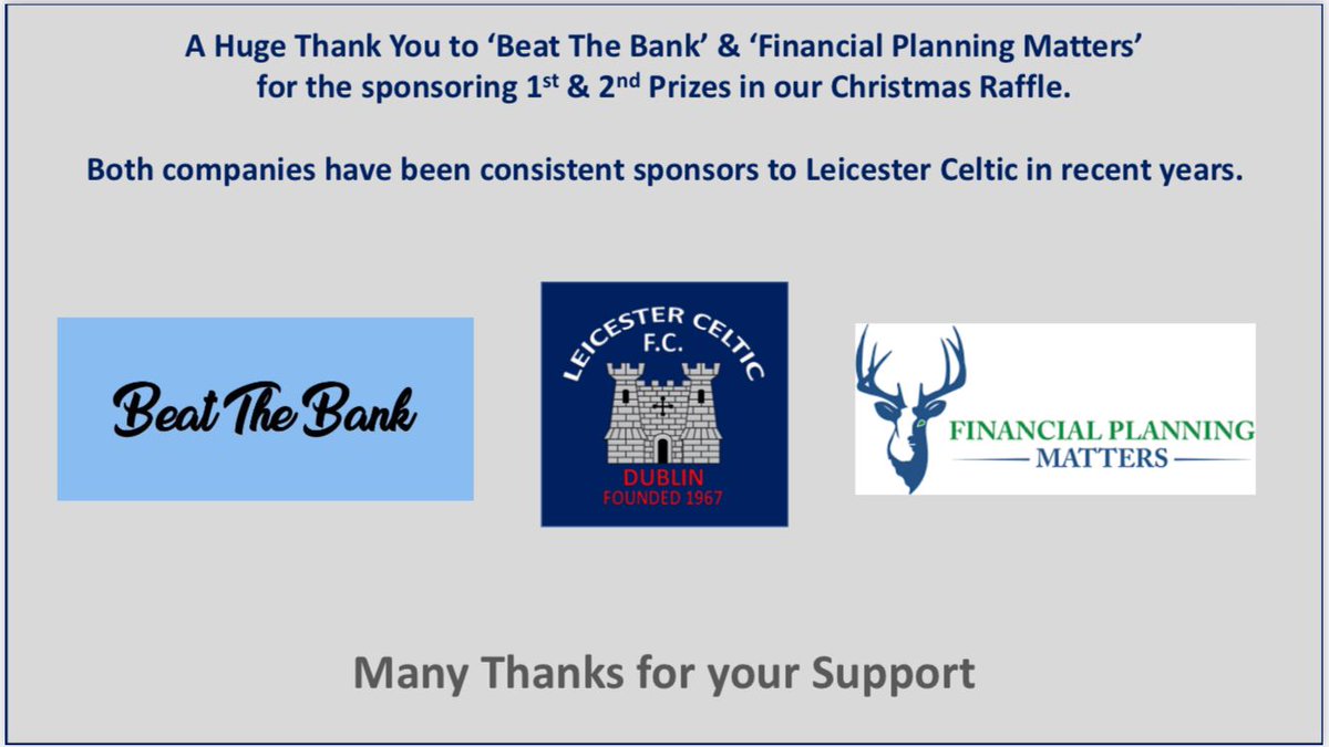 LeicesterFC67's tweet photo. *Christmas Raffle - Sponsorship Shout Out*
Huge thanks to #BeatTheBank and #FinancialPlanningMatters for their continued support. https://t.co/rQxHHYJxRS