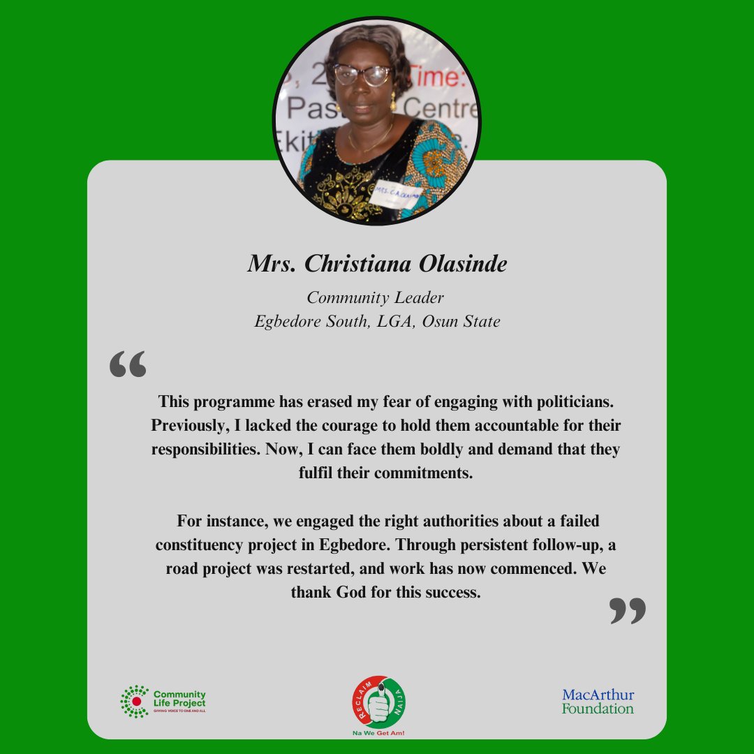 Impact in Action! 

Community leaders from Ekiti &amp; Osun shared stories of how #ReclaimNaija brought:
1. Better amenities
2. Local project ownership
Infrastructure growth

Together, we’re driving sustainable change! #GrassrootsImpact #CommunityLeadership