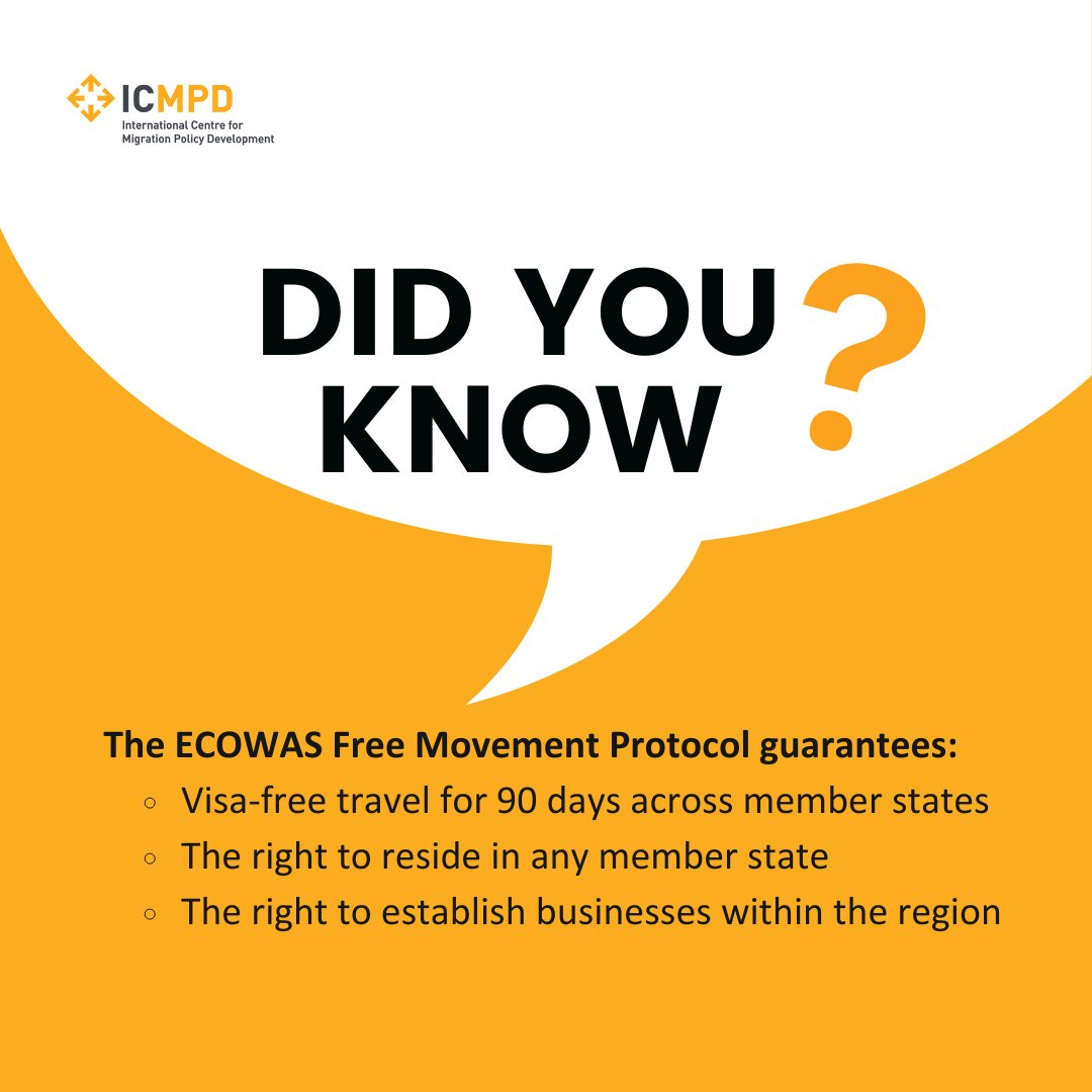 The Free Movement Protocol is about breaking barriers for a stronger West Africa! But, despite its potential, the ECOWAS Free Movement Protocol faces challenges like:
🚫 Border restrictions
📑 Inconsistent implementation
🤝 Limited stakeholder awareness

<a href="/ICMPD/">ICMPD</a> we are working