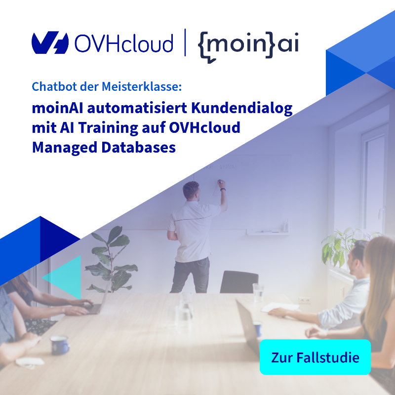 OVHcloud_DE's tweet photo. Mit KI-Chatbot die Kundenkommunikation verbessern und automatisieren! @moin_ai ist die selbstlernende KI-Chatbot-Lösung für die digitale Kundenkommunikation von Unternehmen. 🤖 Erfahrt in unserer Fallstudie, wie OVHcloud dem Unternehmen hilft  📈 #AI #Chatbot #SaaS #IaaS #Cloud