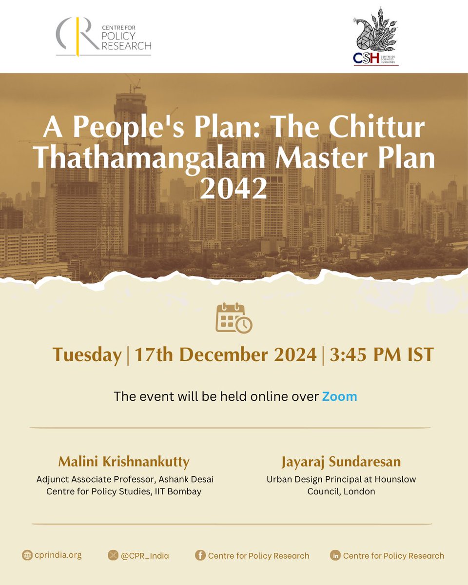 Centre for Policy Research (@cpr_india) on Twitter photo Join us on 17th (via Zoom) for the next <a href="/CPR_India/">Centre for Policy Research</a> - <a href="/CSHDelhi/">CSH</a> workshop on A People’s Plan: The Chittur Thathamangalam Master Plan 2042. We are excited to have Malini Krishnankutty & <a href="/EvamTvayi/">jayaraj sundaresan</a> as our speakers.
<a href="/CPRUrban/">CPR India Urban</a>
Details Below
Register: cprindia.org/events/a-peopl… Join us on 17th (via Zoom) for the next <a href="/CPR_India/">Centre for Policy Research</a> - <a href="/CSHDelhi/">CSH</a> workshop on A People’s Plan: The Chittur Thathamangalam Master Plan 2042. We are excited to have Malini Krishnankutty & <a href="/EvamTvayi/">jayaraj sundaresan</a> as our speakers.
<a href="/CPRUrban/">CPR India Urban</a>
Details Below
Register: cprindia.org/events/a-peopl…
