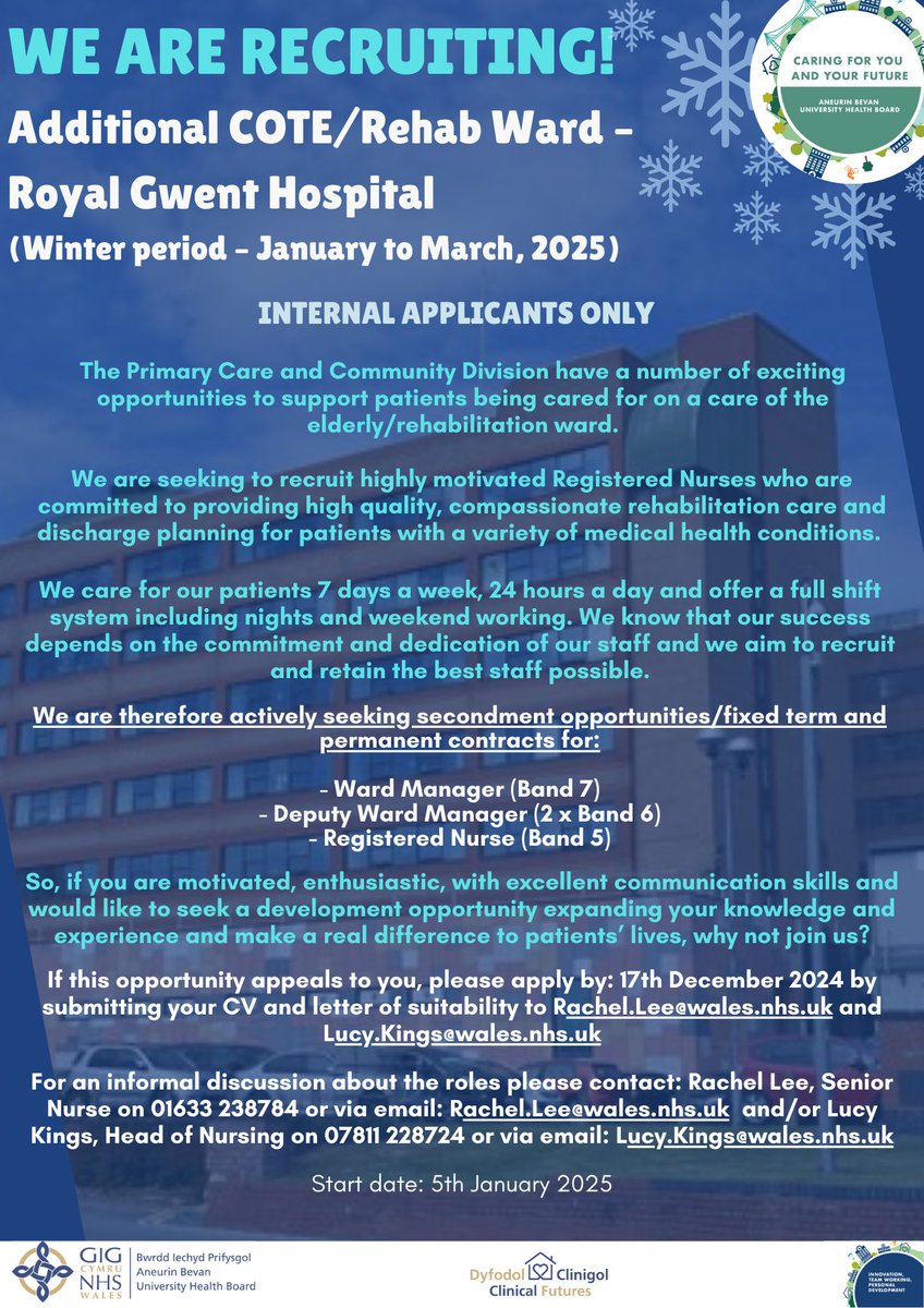 ❄ INTERNAL APPLICANTS ONLY! ❄

The Primary Care and Community Division have a number of exciting opportunities to support patients being cared for on a care of the elderly/rehabilitation ward.