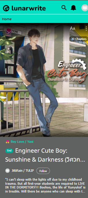 LunarwriteMeb's tweet photo. Enter the world of #Perfect10Liners with #YothaGun in #EngineerCuteBoy: Sunshine &amp; Darkness!

Watch the #CollegeRomance #BLseries every SUN on #GMMTV YT.
Read the OG novel👉https://t.co/m1TCQ9lrft

Explore more #BoysLove novels on #Lunarwrite

#PerthSanta #Perfect10LinersEP8 https://t.co/UXFxdUq2W2