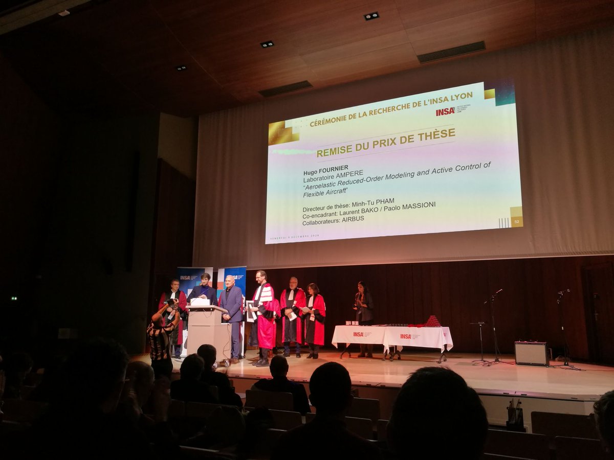 AmpereLab's tweet photo. Hugo Fournier has been awarded the @insadelyon best industrial PhD thesis prize of the year 2023 https://t.co/epPV68xnPR
His work is a cooperation with Airbus on flexible aircraft modelling and control, supervised at @AmpereLab by M.T. Pham, @pmassio and L. Bako. Congrats Hugo!!! https://t.co/ls80k4cdA7