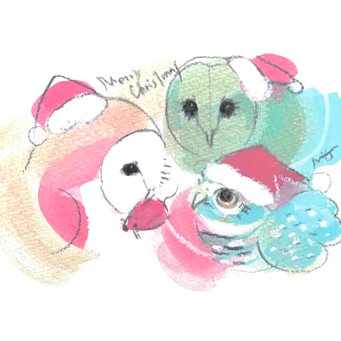 新作 フクロウさんたちのクリスマスです。 ho-ho-さん家のメンフクロウのホーちゃん・ブーちゃん、インドコキンメフクロウのミーちゃんの楽しいクリスマスの様子です。 ho-ho-さんで開催中の #ふクリスマス2024 に原画とポストカードを納品いたしました。