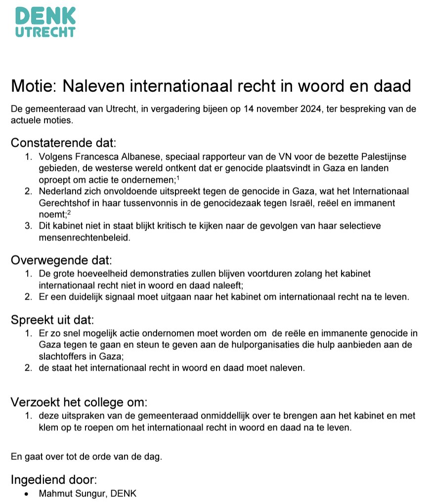 suleymankoyuncu's tweet photo. Na Amsterdam roept ook @GemeenteUtrecht  het kabinet op om het internationaal recht in woord en daad na te leven.

Dank voor het initiëren @MahmutSungur @DENK_Utrecht https://t.co/uymFS4Yxc5