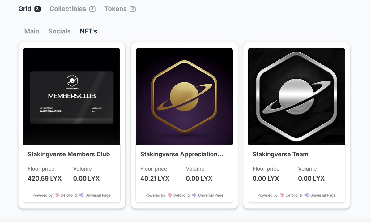 We have just added all of our official NFT's to our Grid!

Thanks to <a href="/defolio42/">Defolio</a>, the Grid Elements widget-builder is great 👏🏼

#LUKSO $LYX