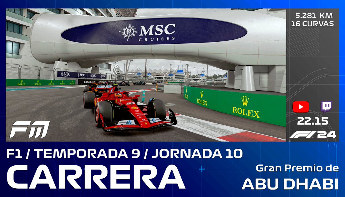 FormulaMosca's tweet photo. #FMT9 I🔵GP ABU DHABI DIV F1 🇦🇪

Última carrera de la Temporada, los campeonatos de pilotos y de constructores están en juego.

¿Quién se llevará el oro a casa?

🎙️En cabina @Eskiirthe66 y @lmcaster33

⏰22:15
📺🔴🟣/formulamosca https://t.co/wc2gQJPrd6