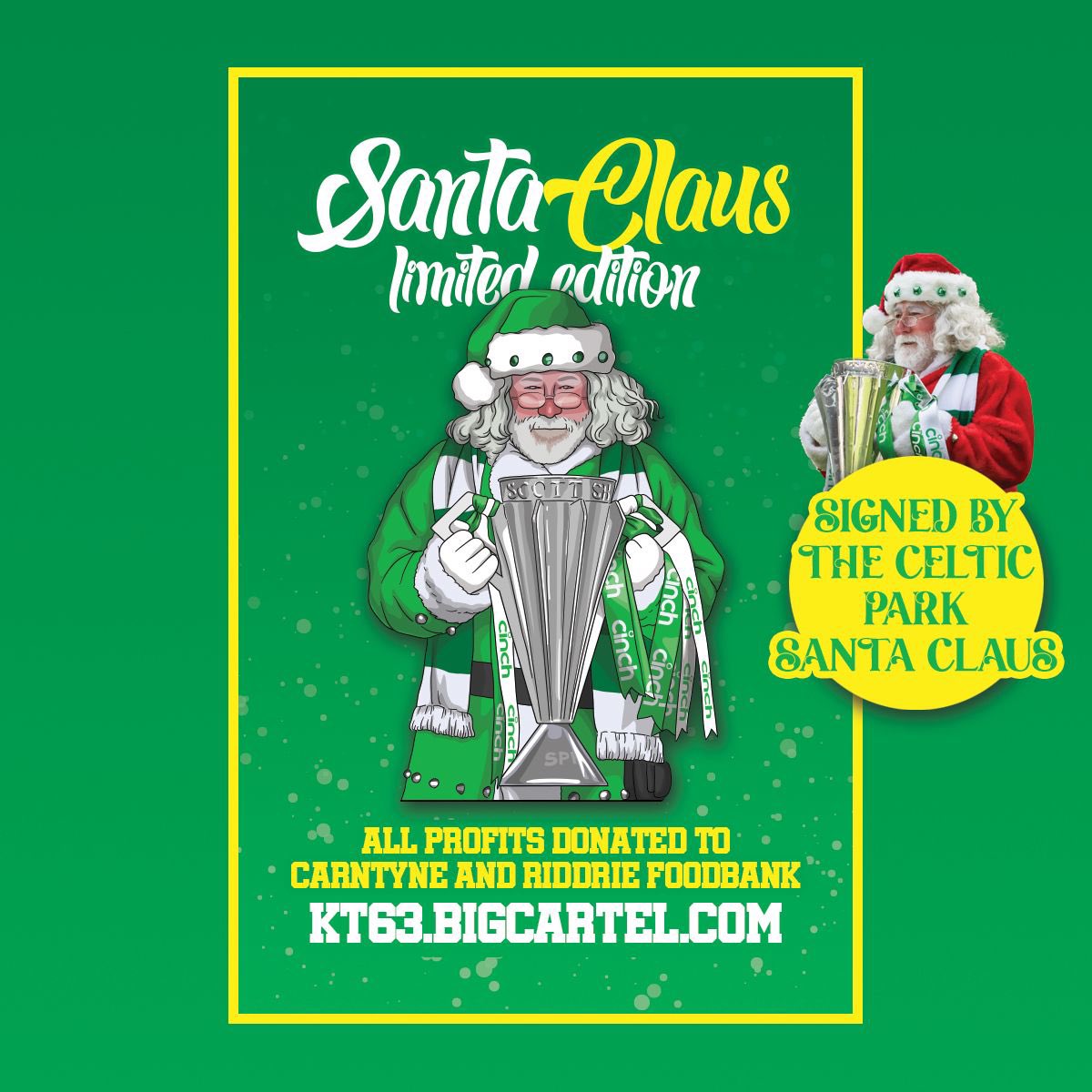 Today at 5pm on kt63.bigcartel.com is the annual Christmas food bank fundraiser badge

With the first ever signing session ✍️ from the Celtic Park Santa 🎅 

All profits going to Carntyne and Riddrie food bank again. 

These are limited in numbers!