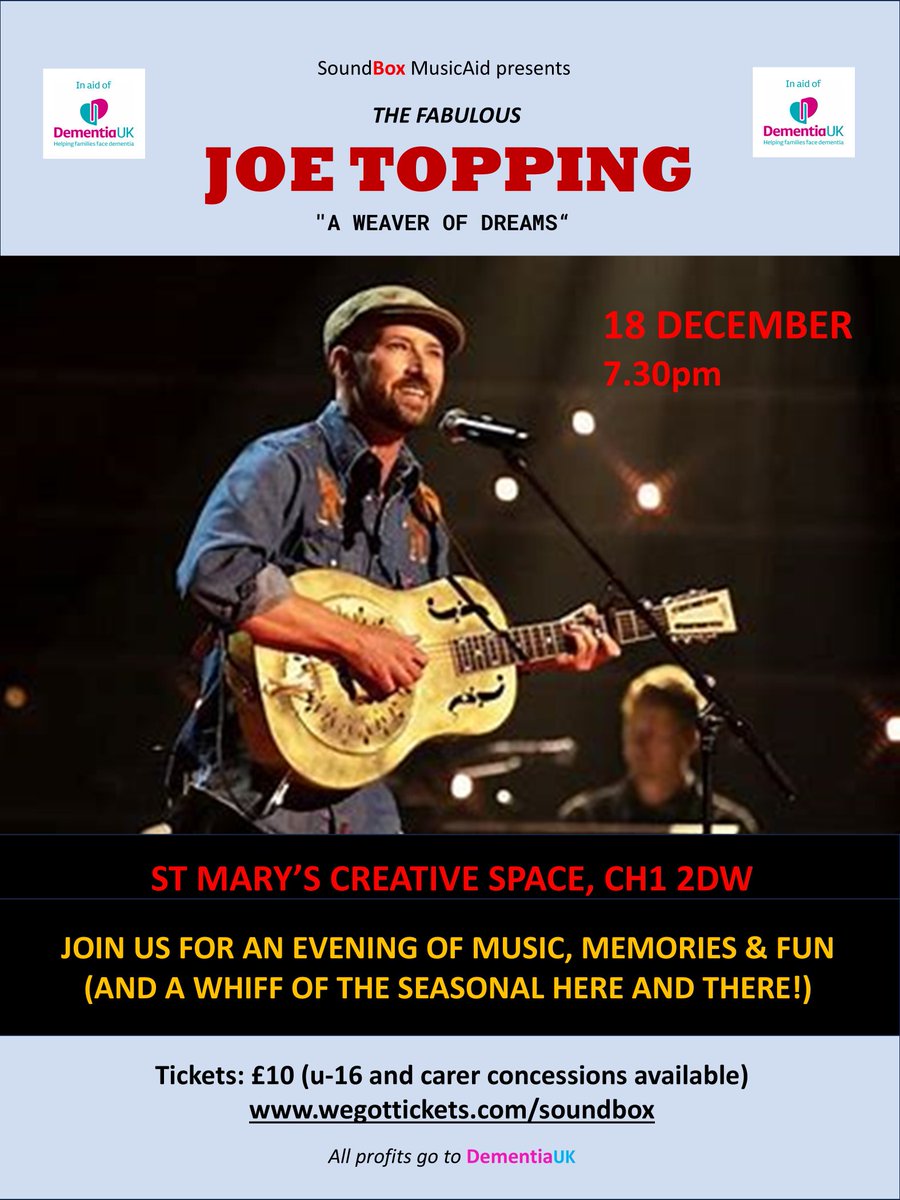 SoundBox Acoustic & Roots (@soundbox27_rose) on Twitter photo Next week! A great opportunity to see the excellent <a href="/josephtopping/">Joseph Topping</a> play live at <a href="/CreativeMarys/">StMarysCreativeSpace</a>, for <a href="/DementiaUK/">Dementia UK</a> Support from #Bandarama Music, memories and fun. All welcome but please book ahead if you can (£10, concessions available). wegottickets.com/soundbox Next week! A great opportunity to see the excellent <a href="/josephtopping/">Joseph Topping</a> play live at <a href="/CreativeMarys/">StMarysCreativeSpace</a>, for <a href="/DementiaUK/">Dementia UK</a> Support from #Bandarama Music, memories and fun. All welcome but please book ahead if you can (£10, concessions available). wegottickets.com/soundbox