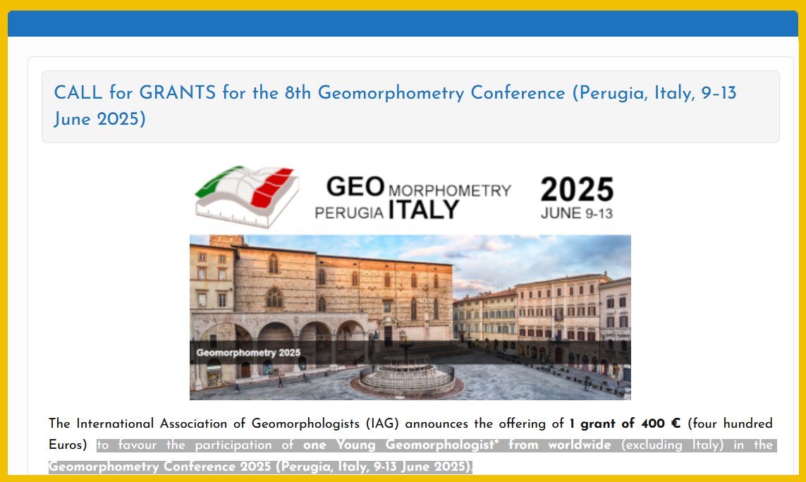 Massimiliano Alvioli (@massialvioli) on Twitter photo 📢<a href="/IAGAIG/">International Association of Geomorphologists</a> issued a 𝗖𝗔𝗟𝗟 𝗳𝗼𝗿 𝗚𝗥𝗔𝗡𝗧𝗦 for one 𝗬𝗼𝘂𝗻𝗴 𝗚𝗲𝗼𝗺𝗼𝗿𝗽𝗵𝗼𝗹𝗼𝗴𝗶𝘀𝘁 to join Geomorphometry 2025 - Perugia, Italy, 9-13 June
lnkd.in/ddR5WHrp
lnkd.in/dp9nbd4y
<a href="/CNR_IRPI/">CNR IRPI</a>
<a href="/UniperugiaNews/">Università degli Studi di Perugia</a>
<a href="/GeomorphomOrg/">Geomorphometry.org</a>
<a href="/GalsOfGeomorph/">Gals Geomorphometry</a>
<a href="/Geomorphica/">Geomorphica</a> 📢<a href="/IAGAIG/">International Association of Geomorphologists</a> issued a 𝗖𝗔𝗟𝗟 𝗳𝗼𝗿 𝗚𝗥𝗔𝗡𝗧𝗦 for one 𝗬𝗼𝘂𝗻𝗴 𝗚𝗲𝗼𝗺𝗼𝗿𝗽𝗵𝗼𝗹𝗼𝗴𝗶𝘀𝘁 to join Geomorphometry 2025 - Perugia, Italy, 9-13 June
lnkd.in/ddR5WHrp
lnkd.in/dp9nbd4y
<a href="/CNR_IRPI/">CNR IRPI</a>
<a href="/UniperugiaNews/">Università degli Studi di Perugia</a>
<a href="/GeomorphomOrg/">Geomorphometry.org</a>
<a href="/GalsOfGeomorph/">Gals Geomorphometry</a>
<a href="/Geomorphica/">Geomorphica</a>