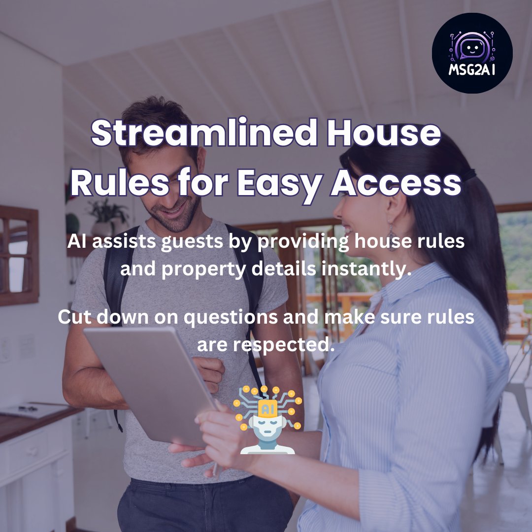 msg2ai's tweet image. Streamline your hosting game! 🚀 Let AI share house rules and property details instantly, reducing questions and ensuring smooth stays. Follow us for tips and innovations in property management! 🏡✨ #AIForHosts #SmartHosting #foryou #foryoupage