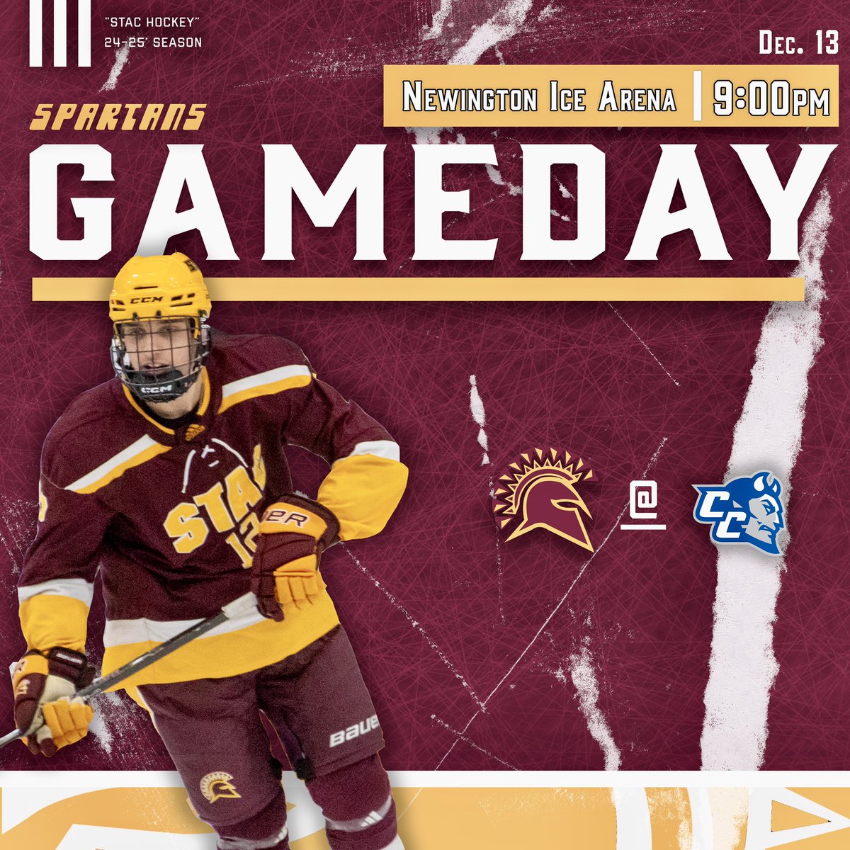 STAChockey's tweet photo. 🛡️⚔️ Last Ride of 
the Fall Semester 2024 #GameDay 

📅 December 13, 2024
🆚 Central CT State U
🕰️ 9pm
📍Newington Ice Arena, Newington, CT
📺 Black Bear tv (subscription required)

#GoSpartans
#stacpuck
#STAC
#College #Hockey https://t.co/QrpOJcclo9