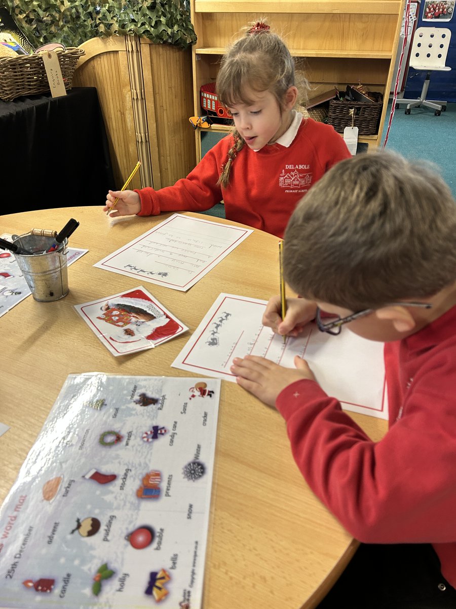 delabole_school's tweet photo. Class 1 have been busy writing their very important letters to Santa. Then our very own Class 1 Elf took these letters to Santa's post box in the village 🎅 https://t.co/6kbZOQNAq8