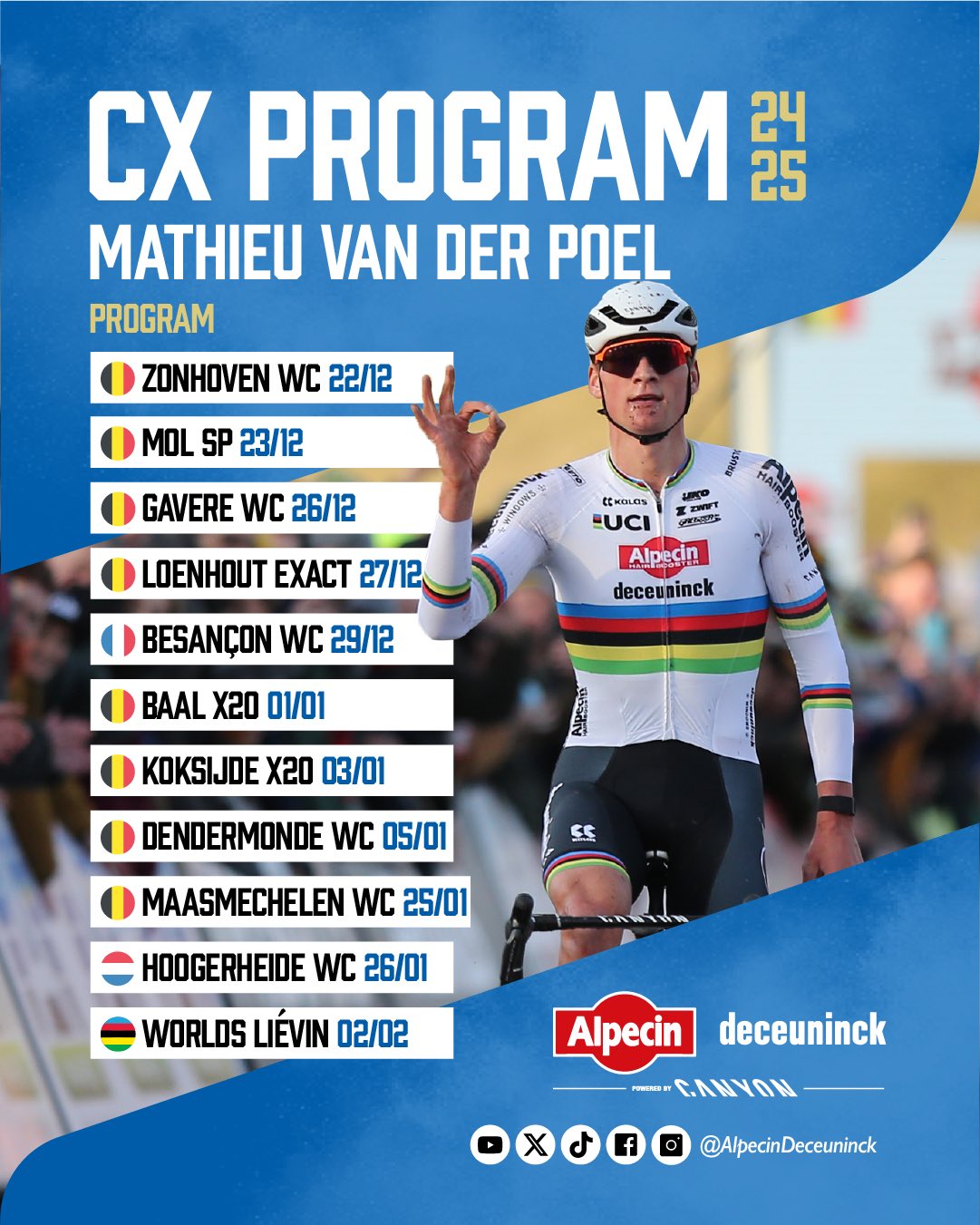 2024-25 calendar of cyclocross dates for Mathieu van der Poel