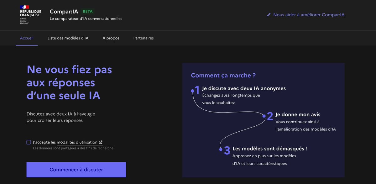 sophiaefrance's tweet photo. 🤖 Comparateur d’IA conversationnelles
Testez 2️⃣ #IA anonymes pour mieux comprendre leurs réponses ? #ComparIA vous permet d’échanger à l’aveugle, de donner votre avis et d’en apprendre plus sur les spécificités des modèles d’IA.
https://t.co/Wb2C1DXLpV https://t.co/imJ3WOAhEq