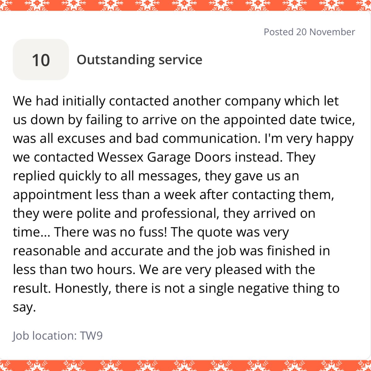 WessexGarageDrs's tweet photo. We always value the time our customers take to leave their comments and as importantly their recommendations. We're extremely proud of our team and these reviews endorse that we are providing the best service we can - well done team.
#garagedoors #checkatrade https://t.co/PHWK0eoya1