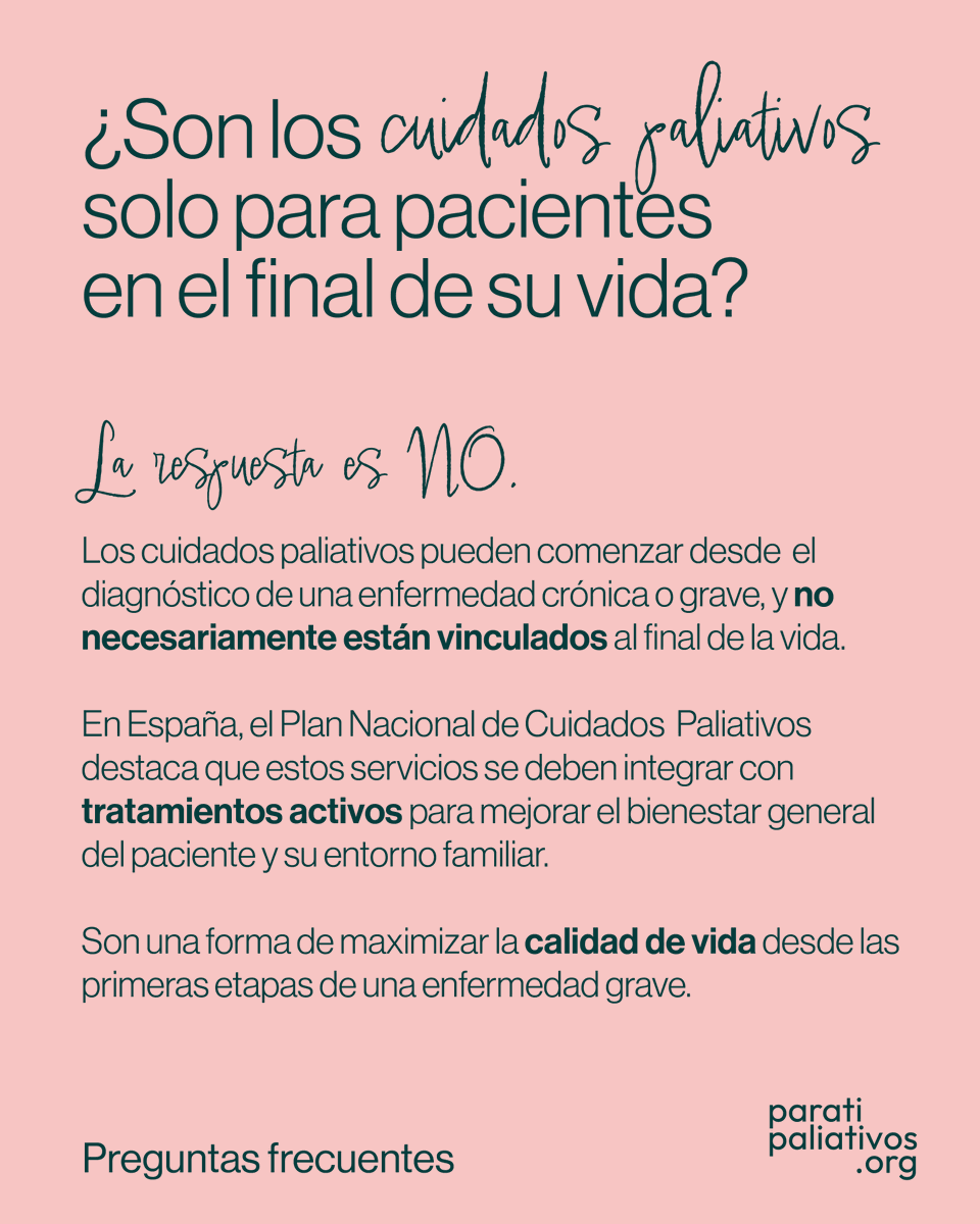 Escuchar tras un diagnóstico que es necesario recibir "cuidados paliativos" puede despertar muchas dudas.

❓Desde Para Ti, Paliativos, queremos responder a las preguntas más frecuentes que pueden surgir en esta situación.

Comenzamos con una duda común:
#CuidadosPaliativos