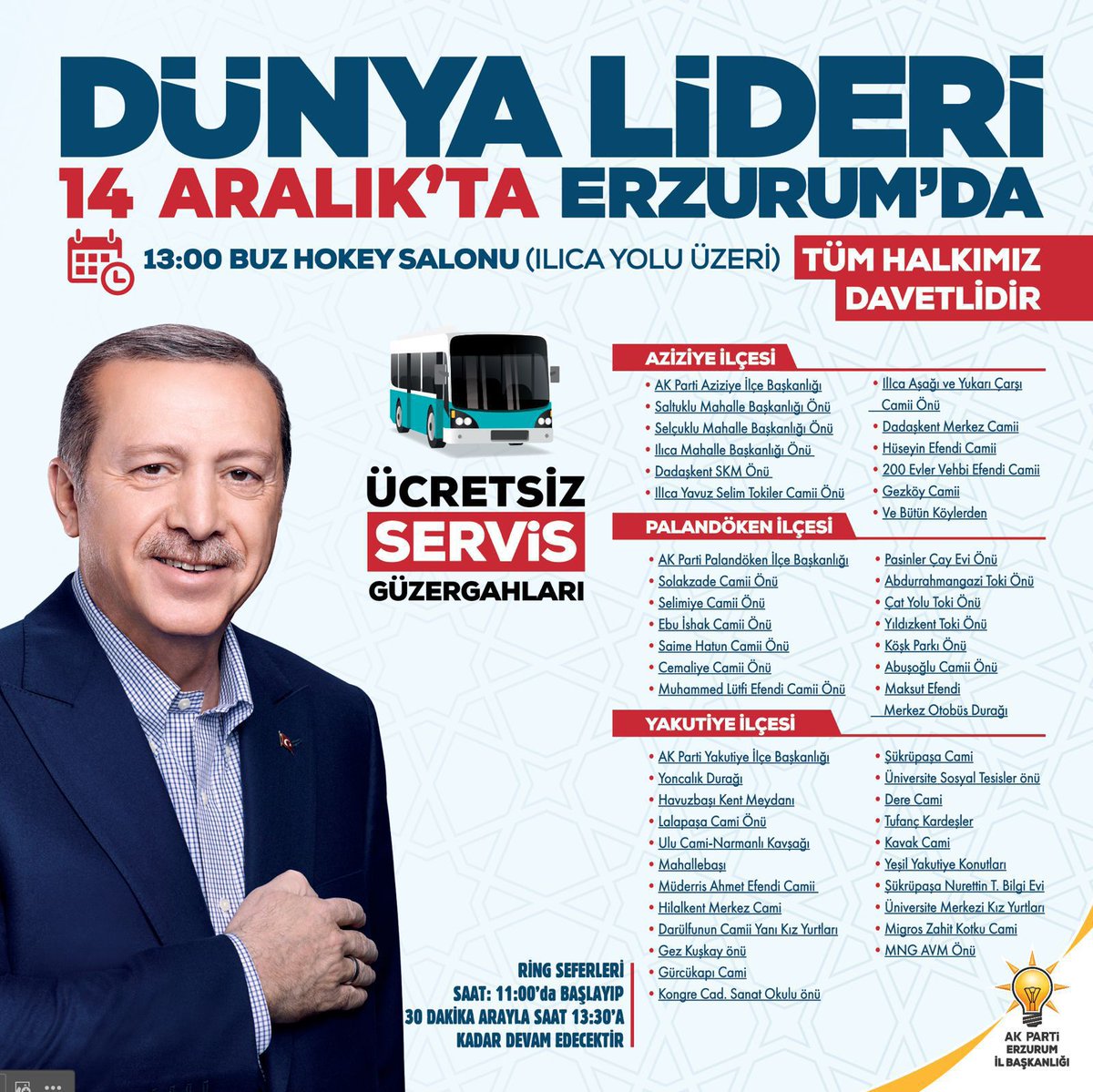 Hazır mısın Erzurum

Genel Başkanımız ve Cumhurbaşkanımız Sayın Recep Tayyip Erdoğan şehrimize teşrif ediyor.

Tüm halkımız davetlidir.

🗓️ 14 Aralık Cumartesi
🕒 13:00
📍 Erzurum Buz Hokey Salonu