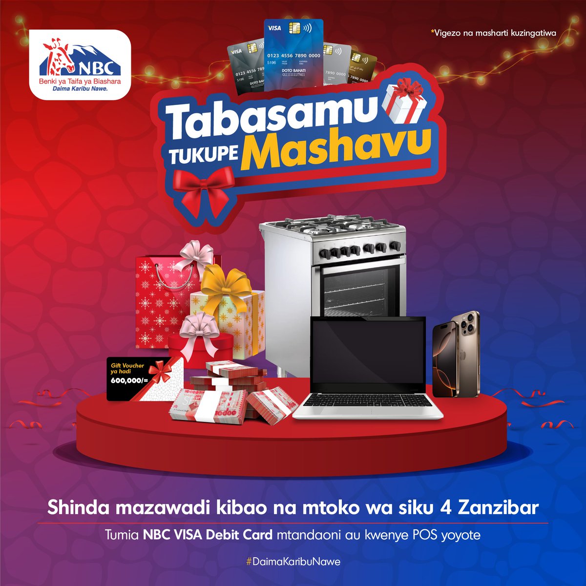 NBCTanzania's tweet photo. 𝐀𝐧𝐳𝐚 𝐦𝐬𝐢𝐦𝐮 𝐰𝐚 𝐬𝐢𝐤𝐮𝐤𝐮𝐮 𝐤𝐰𝐚 𝐓𝐚𝐛𝐚𝐬𝐚𝐦𝐮 𝐤𝐚𝐦𝐚 𝐥𝐨𝐭𝐞!

Tumia #NBCVisaDebitCard kufanya manunuzi yako na upate nafasi ya kujishindia mazawadi kibao kama iPhone 16, lapotp, jiko la gesi, Gift Voucher ya hadi 600,000 na mtoko wa siku 4 Zanzibar. https://t.co/utQhc0M41B