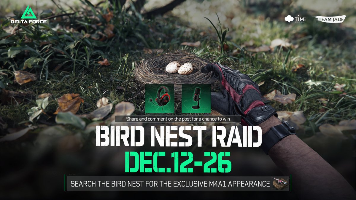 Between Dec 12-26, search bird nests🪹 to receive the exclusive "M4A1 - Street Art" weapon appearance🥳
More info: playdeltaforce.com/events/birdnes…

🚨PLUS - we're giving away 5 Cloud II headsets and 5 Solocast Mics from Omen HyperX - RT and comment on this post for a chance to win🚨