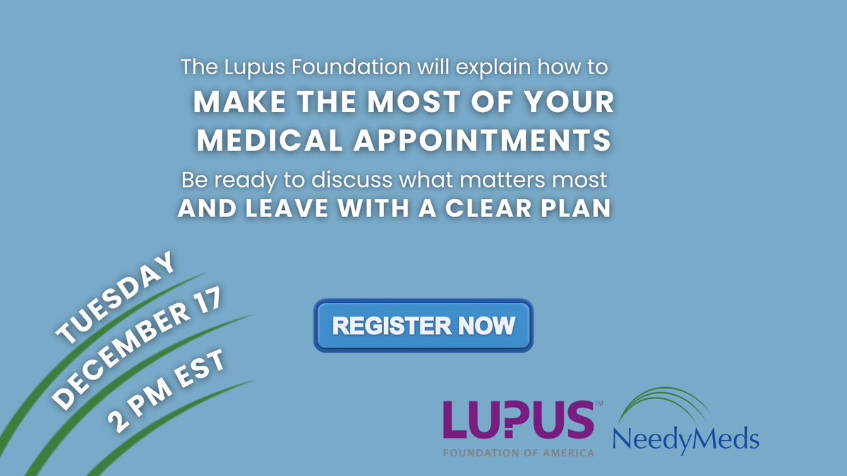 Join <a href="/LupusOrg/">Lupus Foundation of America</a> &amp; <a href="/NeedyMeds/">NeedyMeds</a> for a webinar on making the most of your medical appointments. Learn how to prepare and leave with a plan! Register here: bit.ly/3OhXg03 

#webinar #lupus #autoimmune #invisibledisease