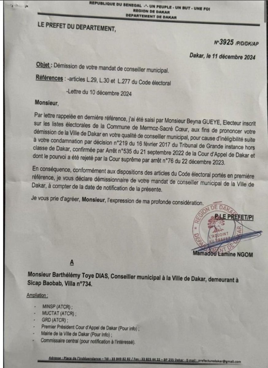Barthélemy Dias a bien reçu et déchargé la notification portant sa démission de la mairie de Dakar de la Sûreté urbaine