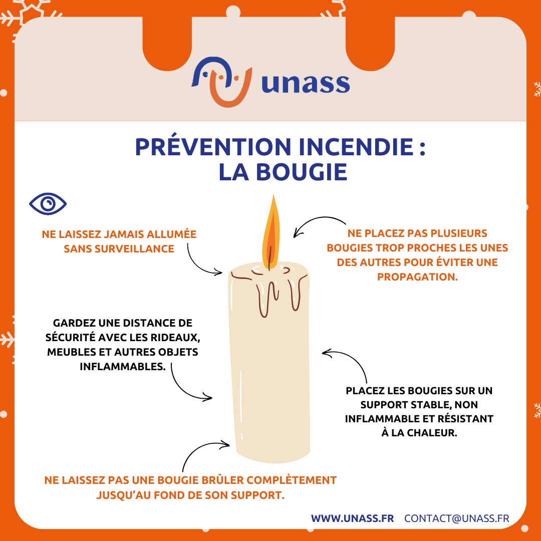 UNASS_fr's tweet image. Pendant les fêtes, les bougies créent une ambiance magique et chaleureuse dans nos foyers. Mais attention, elles peuvent aussi être à l’origine d’incendies domestiques.

Adoptez les bons réflexes pour profiter de leur lumière en toute sécurité. 
#UNASS #calendrier #secourisme