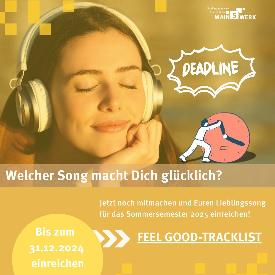 studiwerk_ffm (@studiwerk_ffm) on Twitter photo Du hast einen #Lieblingssong, der Dich auch bei trüber Stimmung glücklich 😀 macht? Dann reiche Deinen Song für unsere Feel Good-Tracklist SoSe 2025 noch bis zum 31.12.2024 bei uns ein und mach auch andere mit Deiner Musik happy 👉 t1p.de/s6x1o Du hast einen #Lieblingssong, der Dich auch bei trüber Stimmung glücklich 😀 macht? Dann reiche Deinen Song für unsere Feel Good-Tracklist SoSe 2025 noch bis zum 31.12.2024 bei uns ein und mach auch andere mit Deiner Musik happy 👉 t1p.de/s6x1o