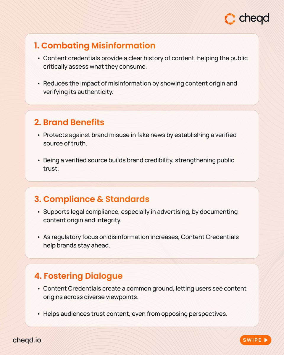cheqd_io's tweet image. As misinformation spreads and trust in content falters, #ContentCredentials offer a compelling solution for organisations and individuals alike. Here’s why adopting them is a smart move💡

📮Contact us: cheqd.io/solutions/use-…

#VerifiableAI #vAI