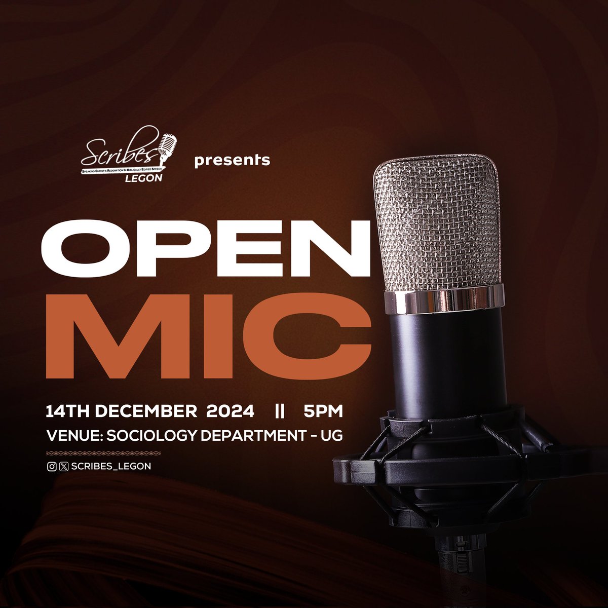 scribes_global's tweet photo. Join us tomorrow on Legon Campus, at 5pm, as we end this poetic year with an Open Mic session!
See you there 😉
(P.S: There'll be #FaintNot books and paraphernalia available for purchase. Grab your copy!) https://t.co/UQwkyUtvd0