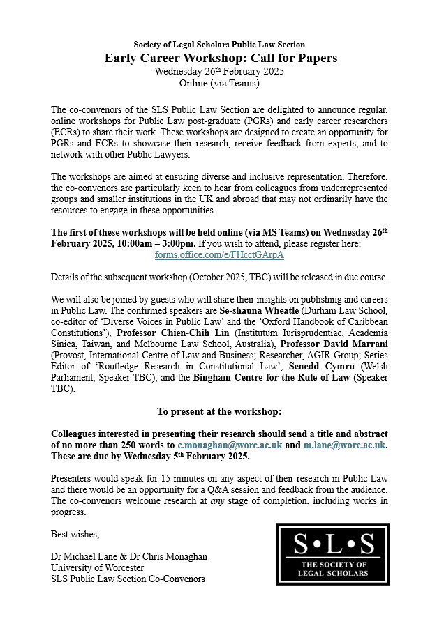 Upcoming: ECR/PGR SLS Public Law Workshop organised by myself and <a href="/Chris_JMonaghan/">Dr Chris Monaghan</a>. Updated CfP below.  We also have wonderful speakers joining us to share insight into publishing and employability in public law.   Want to join us online? Register here: forms.office.com/e/FHcctGArpA