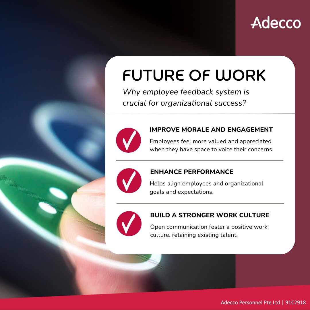 Employee feedback is a crucial yet often overlooked tool for building a successful workplace. Here’s why implementing a feedback system in your organization is essential.

#AdeccoSG #AdeccoMNC #AdeccoFortune500 #FutureOfWork #EmployeeMatters