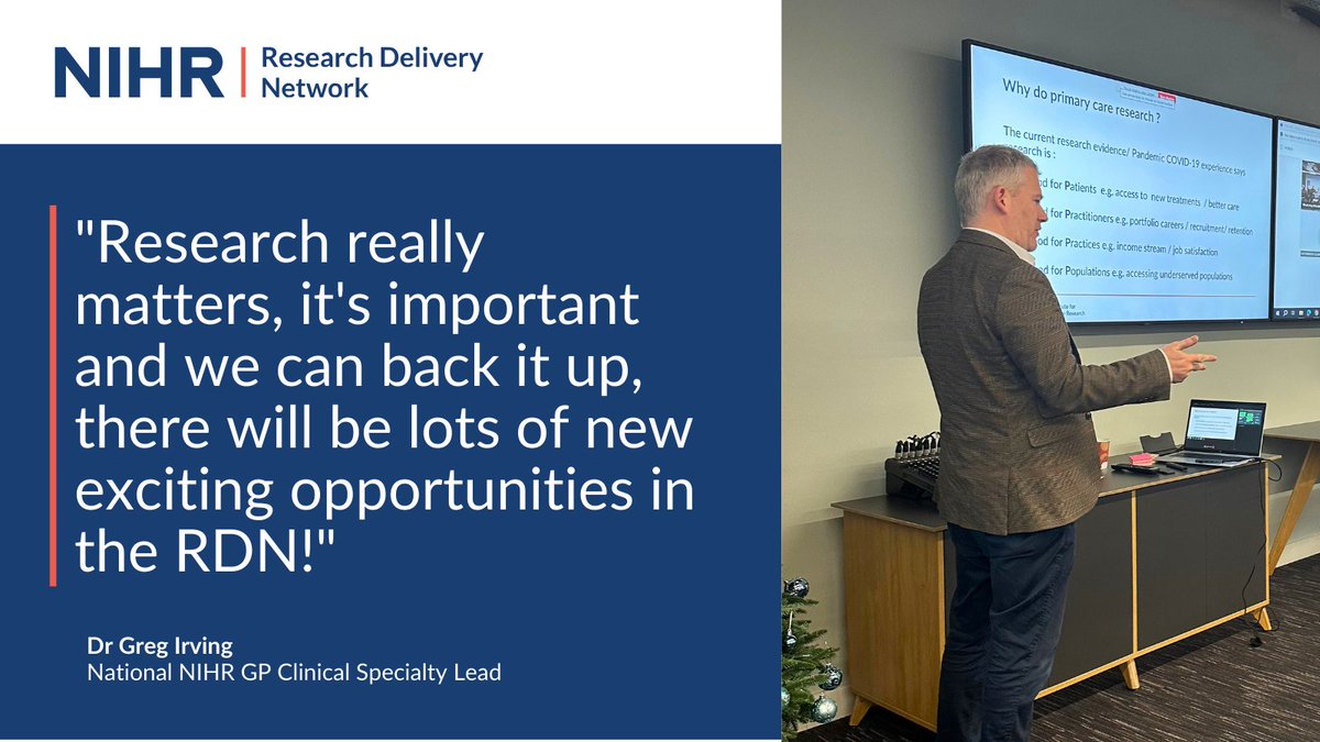 NIHR Research Delivery Network (@nihrrdn) on Twitter photo <a href="/gregjirving/">Prof Greg Irving</a>, RDN National Specialty Lead for General Practice, joined our Community of Practice meeting in Liverpool earlier this week to provide an overview of RDN developments in Primary Care.
He said: "There will be lots of new exciting opportunities in the RDN!" <a href="/gregjirving/">Prof Greg Irving</a>, RDN National Specialty Lead for General Practice, joined our Community of Practice meeting in Liverpool earlier this week to provide an overview of RDN developments in Primary Care.
He said: "There will be lots of new exciting opportunities in the RDN!"
