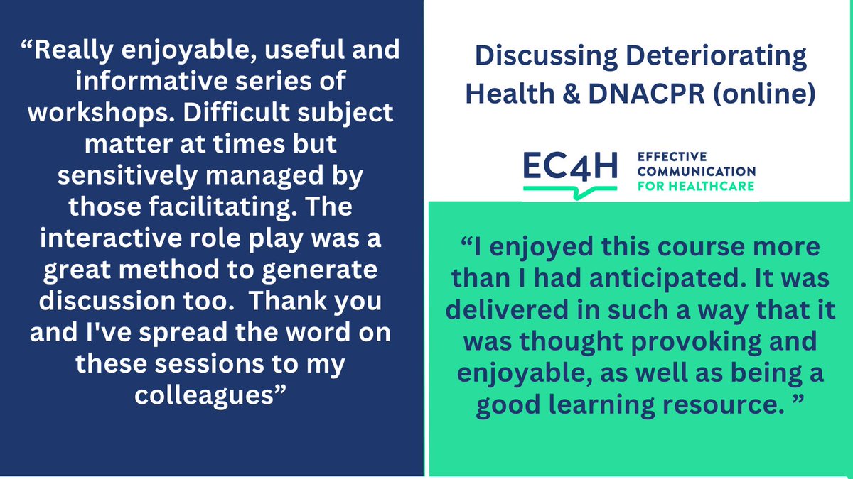 On today's #FeedbackFriday we are delighted to be sharing more wonderful feedback we received for our 4-part Discussing Deteriorating Health &amp; DNACPR workshop 😁
A round of applause for our amazing <a href="/nhsfife/">NHS Fife</a> tutor team who run these sessions 👏
@MedEdFife 
ec4h.org.uk/workshop/discu…